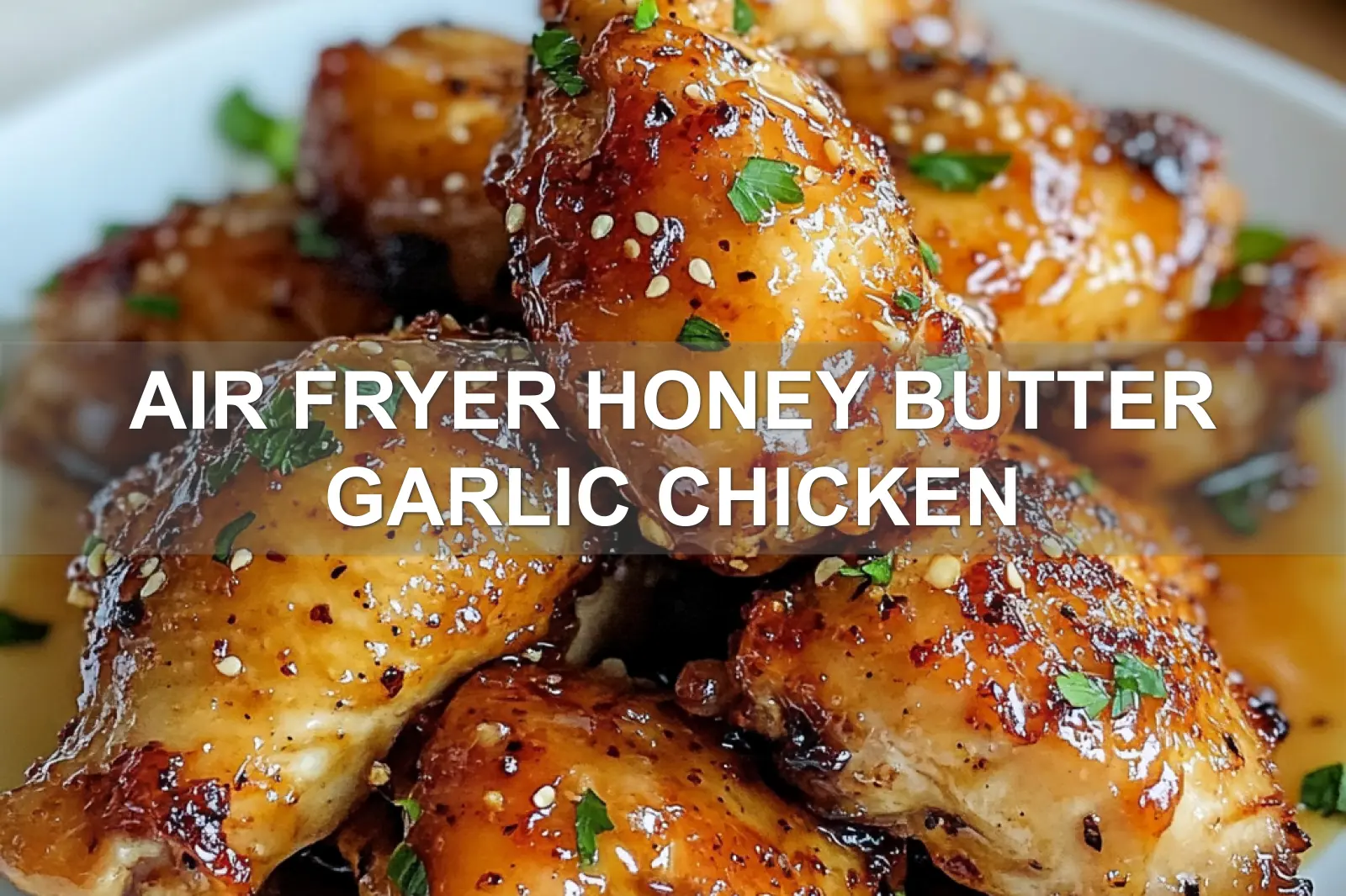 AIR FRYER HONEY BUTTER GARLIC CHICKEN centered hero view, clean and uncluttered