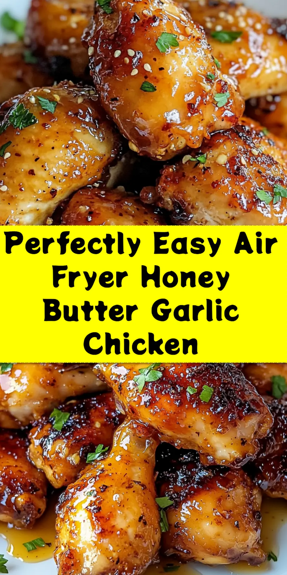 A beautifully plated Air Fryer Honey Butter Garlic Chicken dish, featuring golden-brown, crispy tenders glistening with honey-butter-garlic glaze, garnished with fresh parsley, perfect for a Pinterest share.