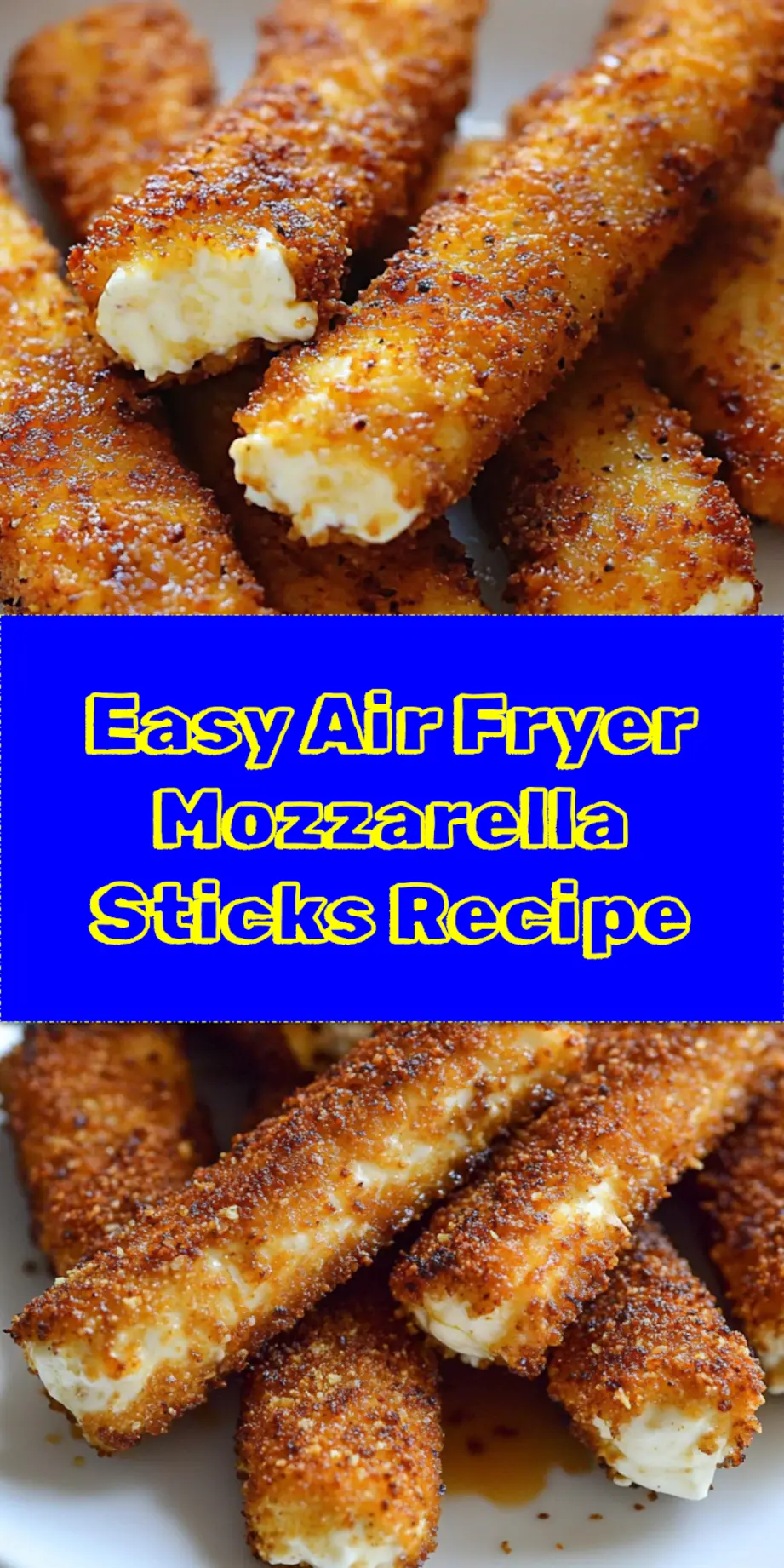 A mouth-watering close-up of golden, crispy Air Fryer Mozzarella Sticks with a bowl of vibrant marinara sauce for dipping, presented beautifully as a Pinterest graphic.