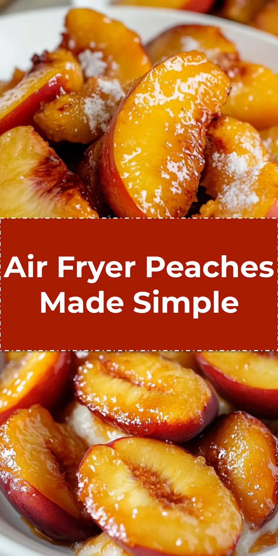 Warm air fryer peaches with a golden topping, served in a bowl with a scoop of vanilla ice cream.
