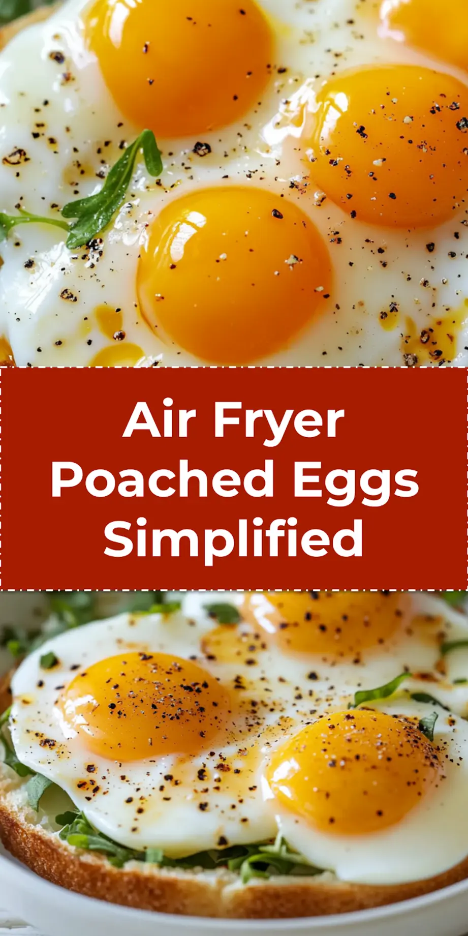 Pinterest pin image: A beautifully cooked air fryer poached egg with a runny yolk, served on a piece of toasted bread with fresh herbs and a sprinkle of paprika.