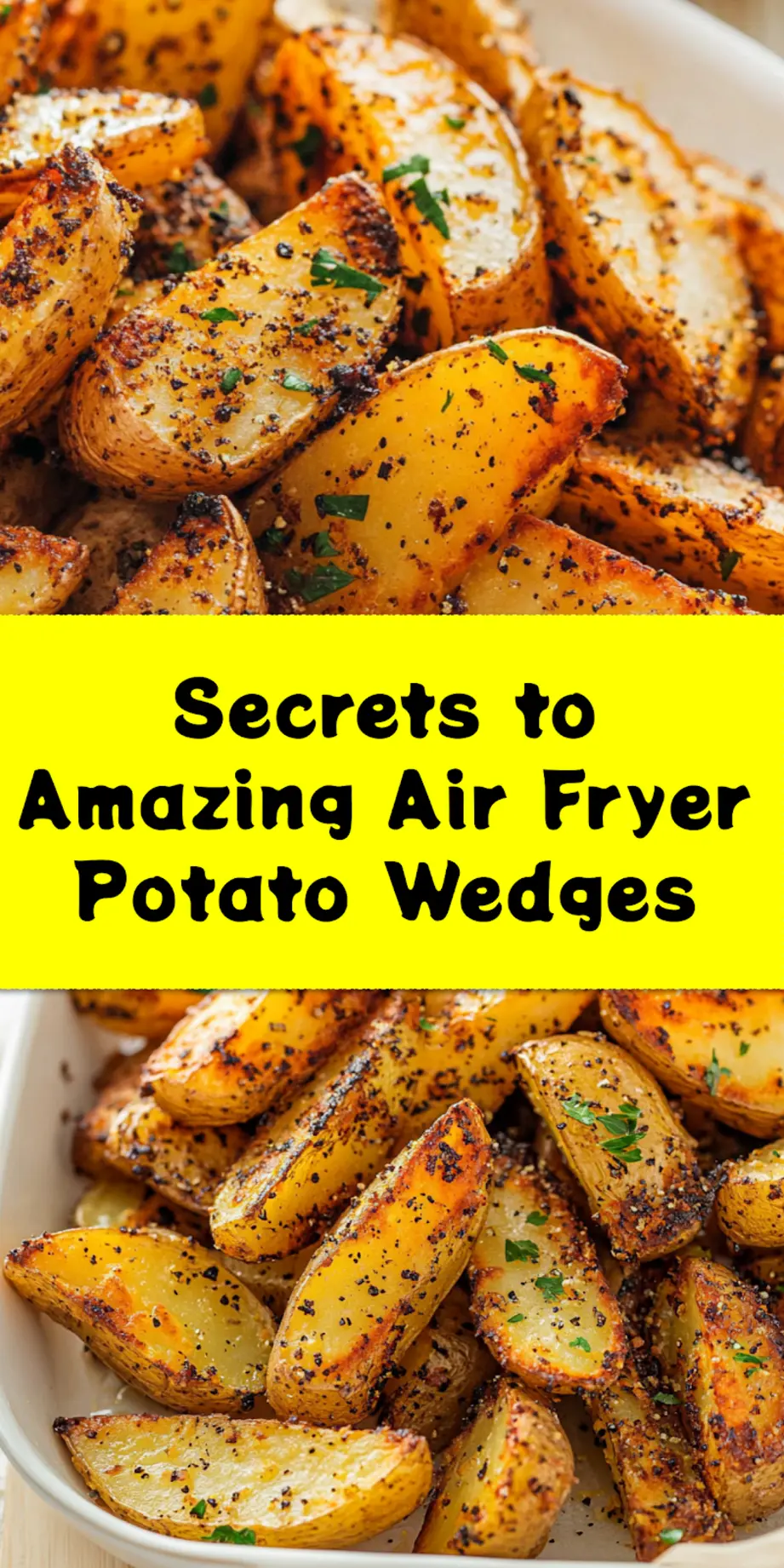 Pinterest-ready image of perfectly crispy air fryer potato wedges, golden brown and seasoned, served with a dipping sauce, ideal for a quick and healthy snack.
