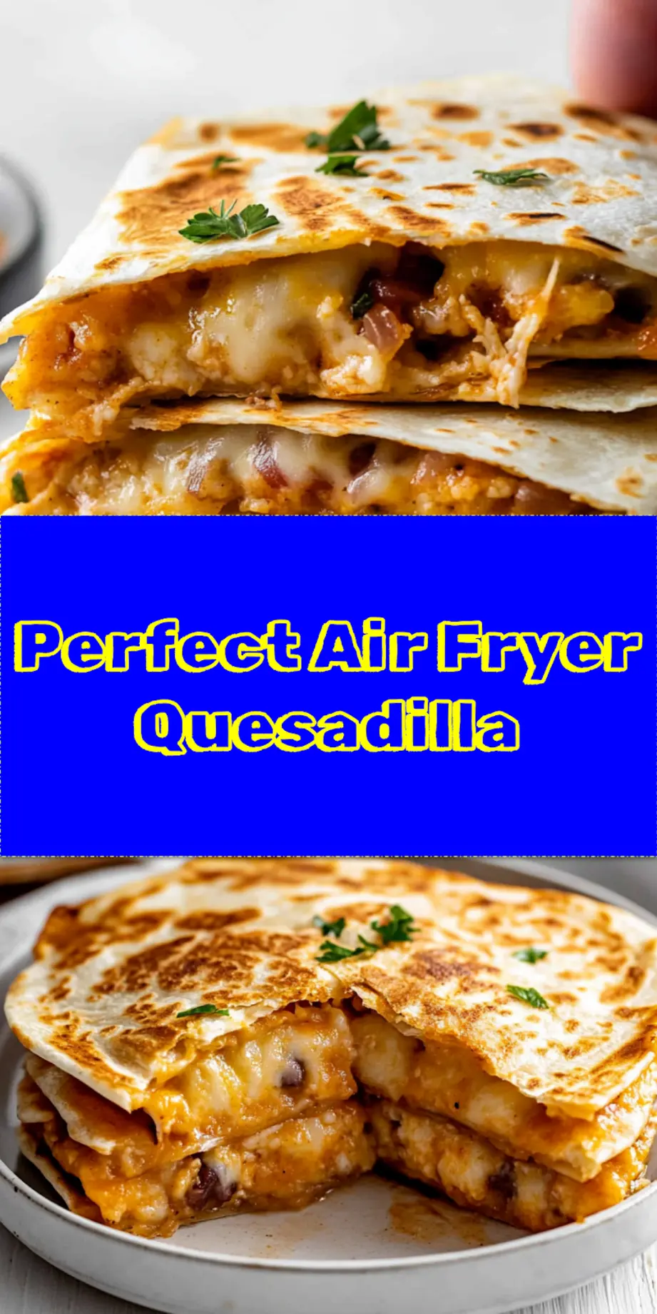 A perfectly golden and crispy Air Fryer Quesadilla, sliced into wedges and ready to be served with dipping sauces