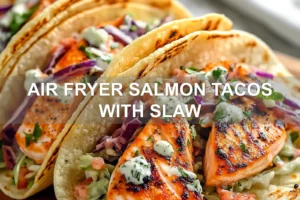 AIR FRYER SALMON TACOS WITH SLAW centered hero view, clean and uncluttered