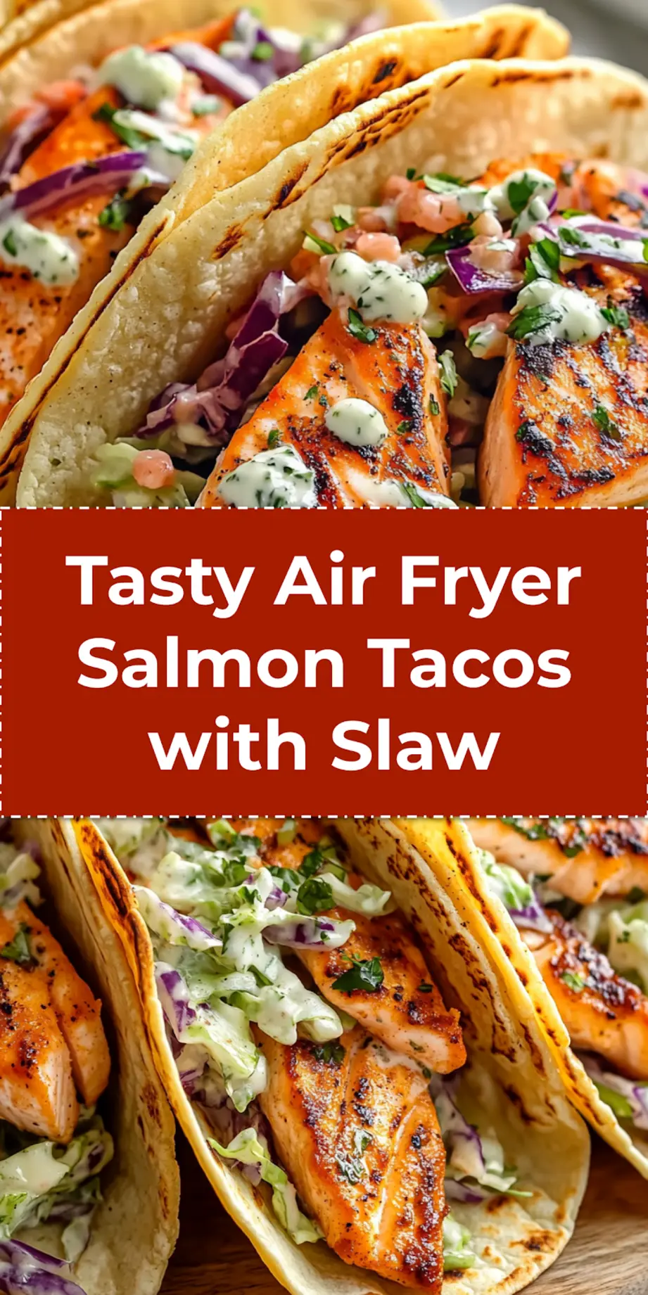 Air Fryer Salmon Tacos with Slaw: Easy and Delicious 3 A beautifully assembled Air Fryer Salmon Taco with Slaw, garnished with fresh cilantro and lime wedges, displayed on a wooden board next to other tacos, ready to be served. Ideal for a Pinterest pin showcasing quick and healthy weeknight meals.