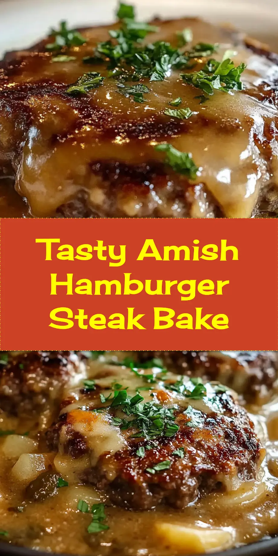 Serving of Amish Hamburger Steak Bake with mushroom gravy over mashed potatoes on a rustic table