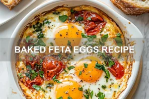 BAKED FETA EGGS RECIPE centered hero view, clean and uncluttered