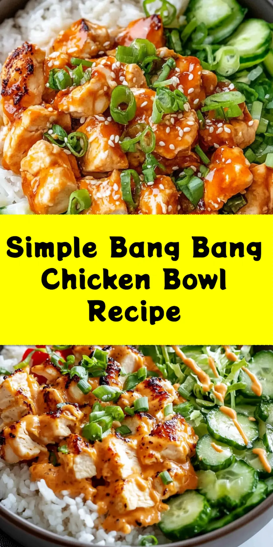 Finished Bang Bang Chicken Bowl recipe with rice, sauce, and garnishes, served restaurant-style