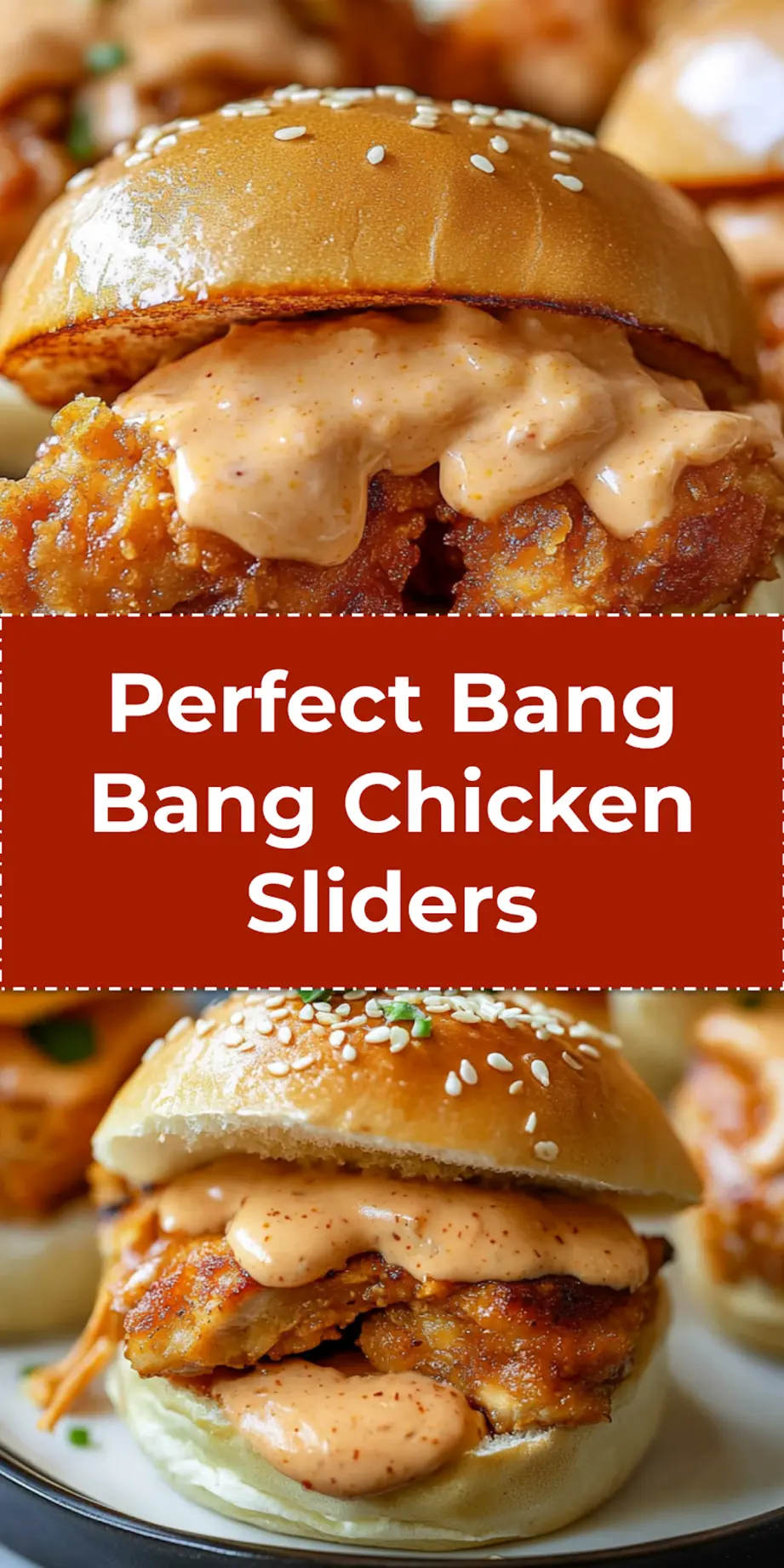 A vibrant Pinterest-ready image of crispy Bang Bang Chicken Sliders on soft buns, drizzled with creamy sauce and topped with fresh cilantro. Perfect for sharing on social media.