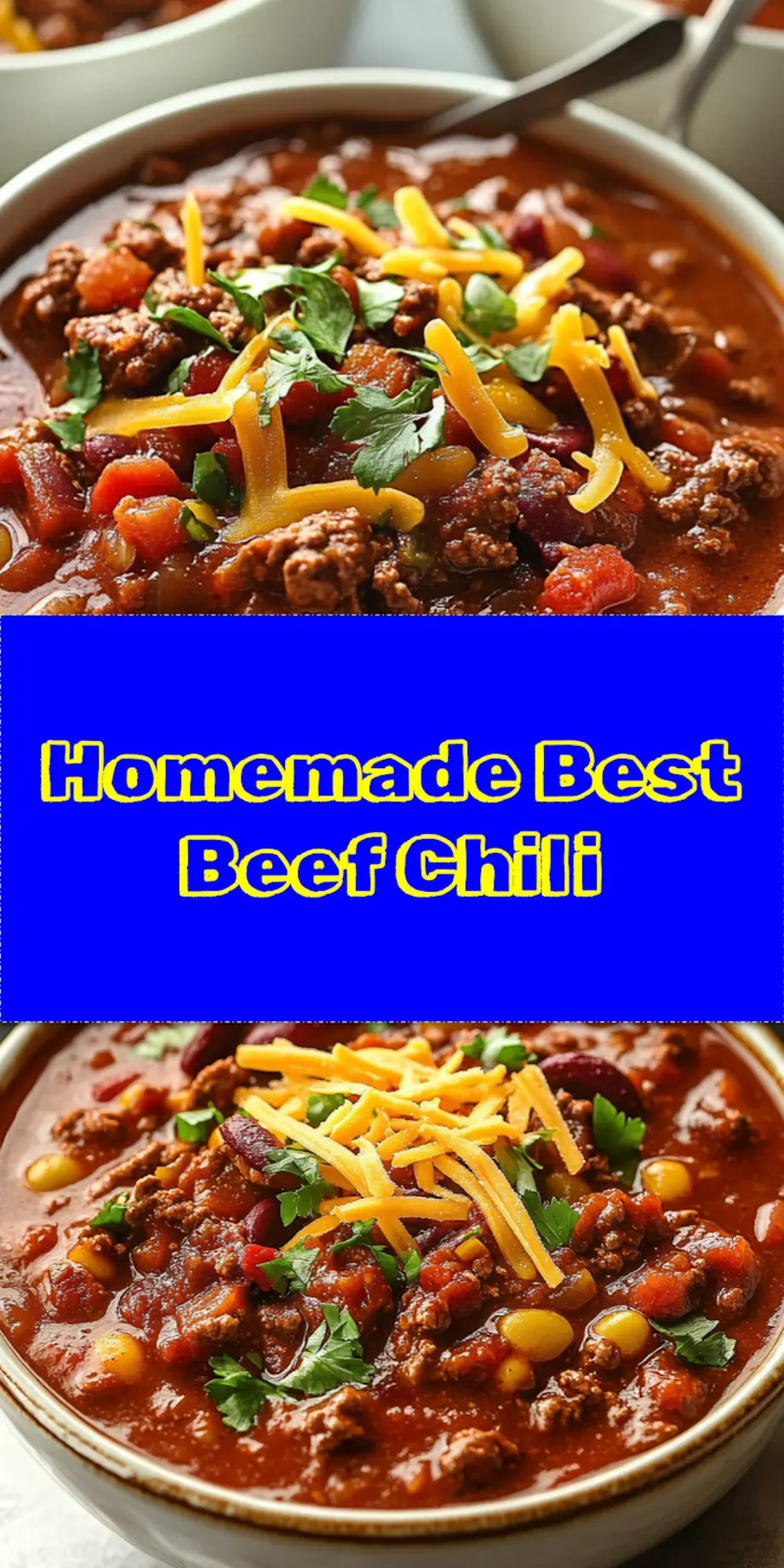 Overhead shot of Best Beef Chili, rich red color, topped with shredded cheddar cheese, a dollop of sour cream, and fresh green onions, ready to be shared on Pinterest or other social media.