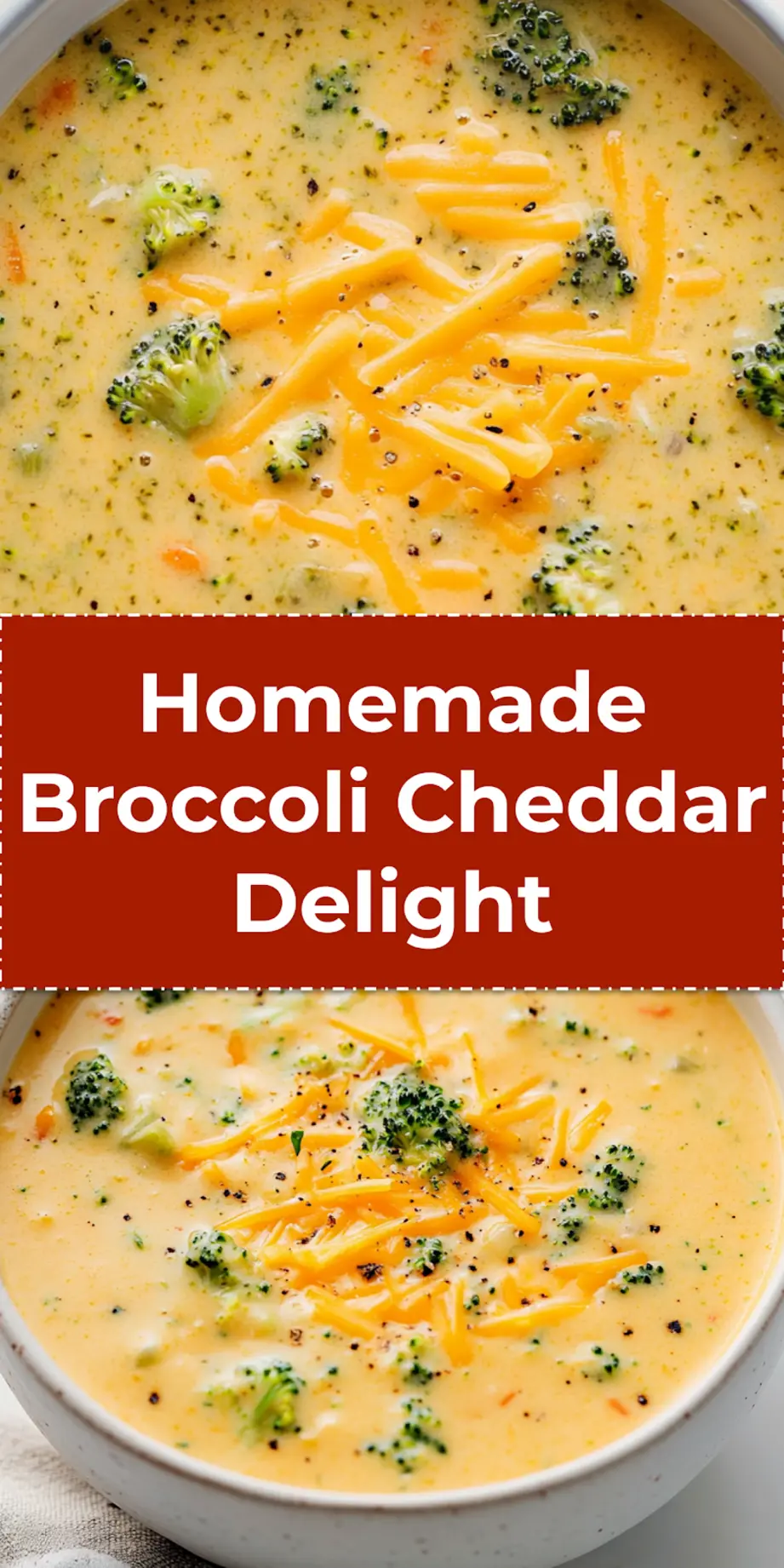 A visually appealing Pinterest pin for Homemade Broccoli Cheddar Soup, featuring a close-up of the rich, creamy soup with visible pieces of broccoli and melted cheese, perfect for sharing on social media.