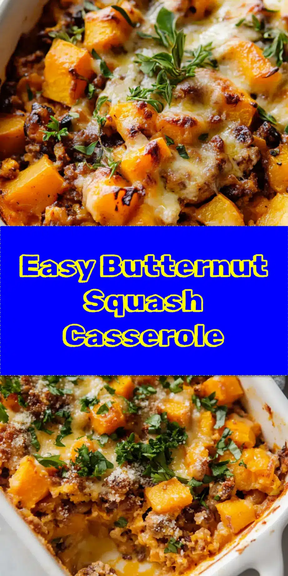 Top-down view of a golden-baked Butternut Squash Casserole with a crispy oat and pecan topping in a white baking dish, ready to be pinned.