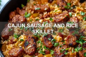 CAJUN SAUSAGE AND RICE SKILLET centered hero view, clean and uncluttered