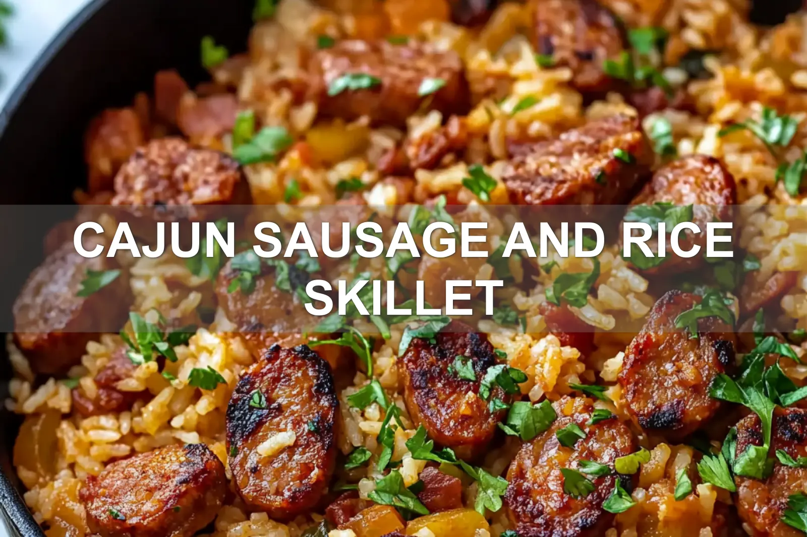 CAJUN SAUSAGE AND RICE SKILLET centered hero view, clean and uncluttered
