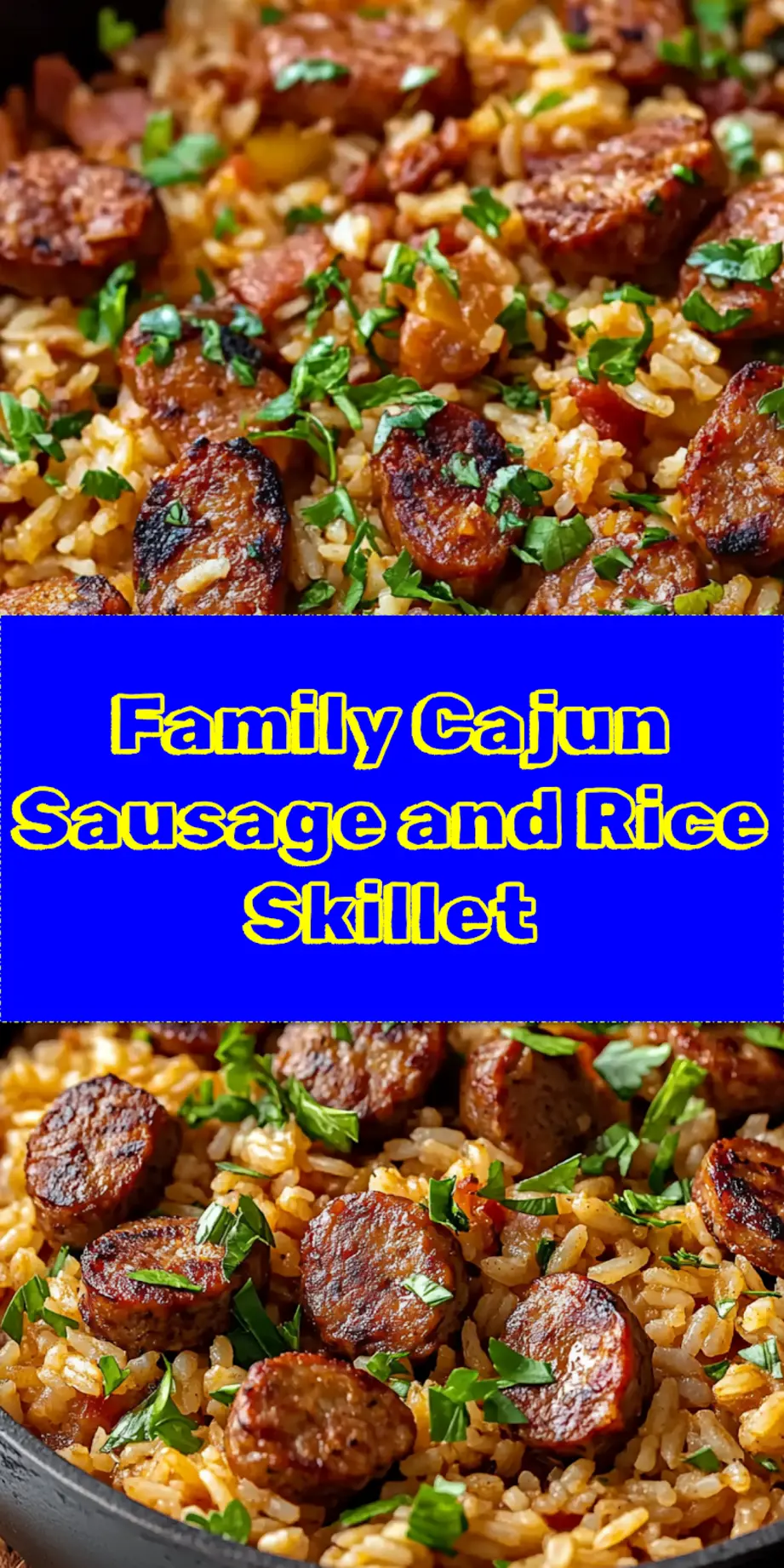 A mouth-watering Cajun Sausage and Rice Skillet, garnished with green onions, featured on a wooden board, perfect for Pinterest sharing.