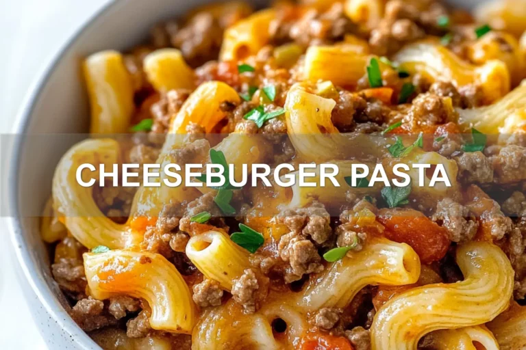 CHEESEBURGER PASTA centered hero view, clean and uncluttered