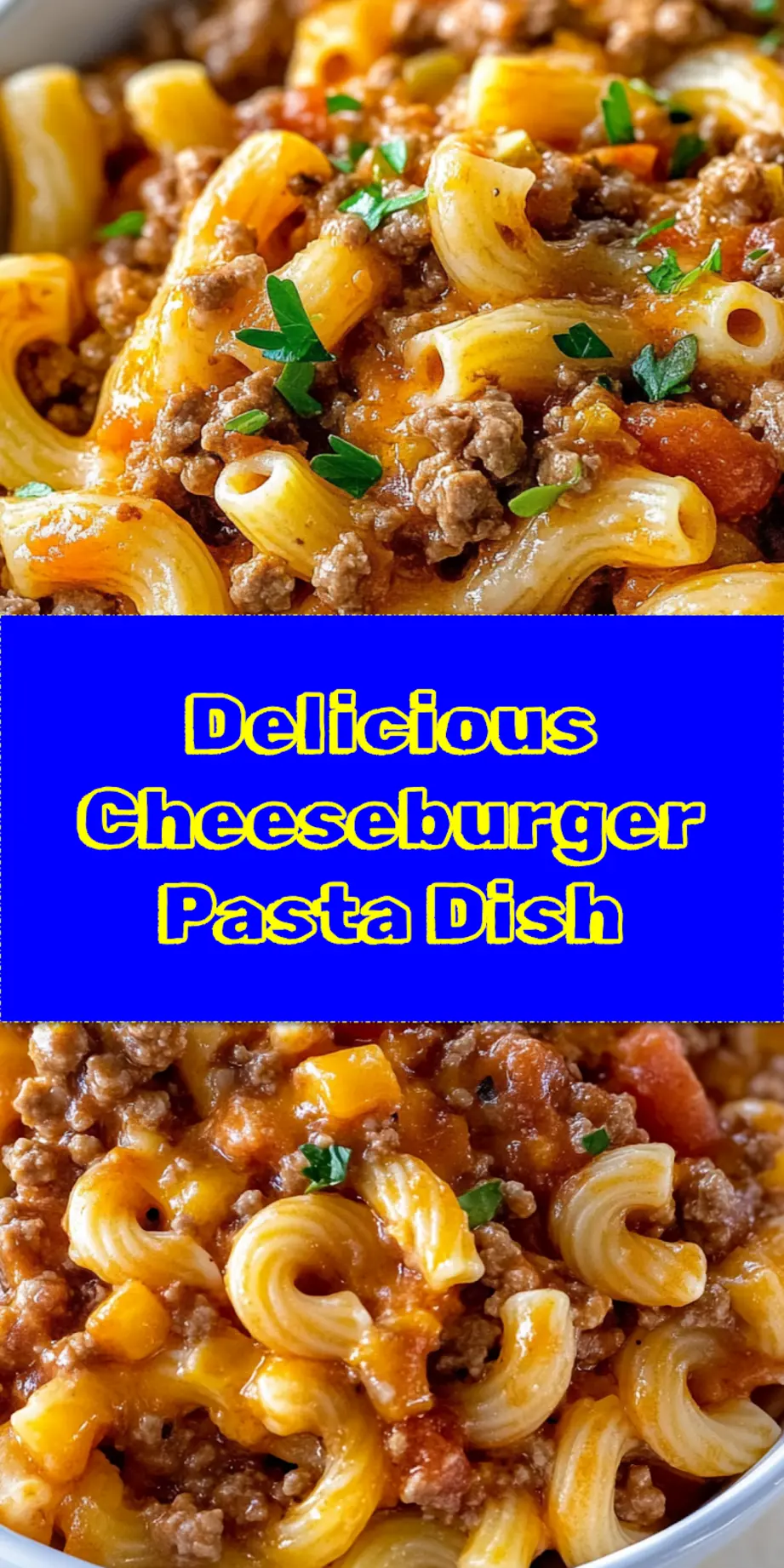 Close-up of a steaming skillet of rich Cheeseburger Pasta, generously topped with melted Colby and mozzarella cheese, garnished with fresh chopped parsley. Ideal for a quick, comforting family dinner.