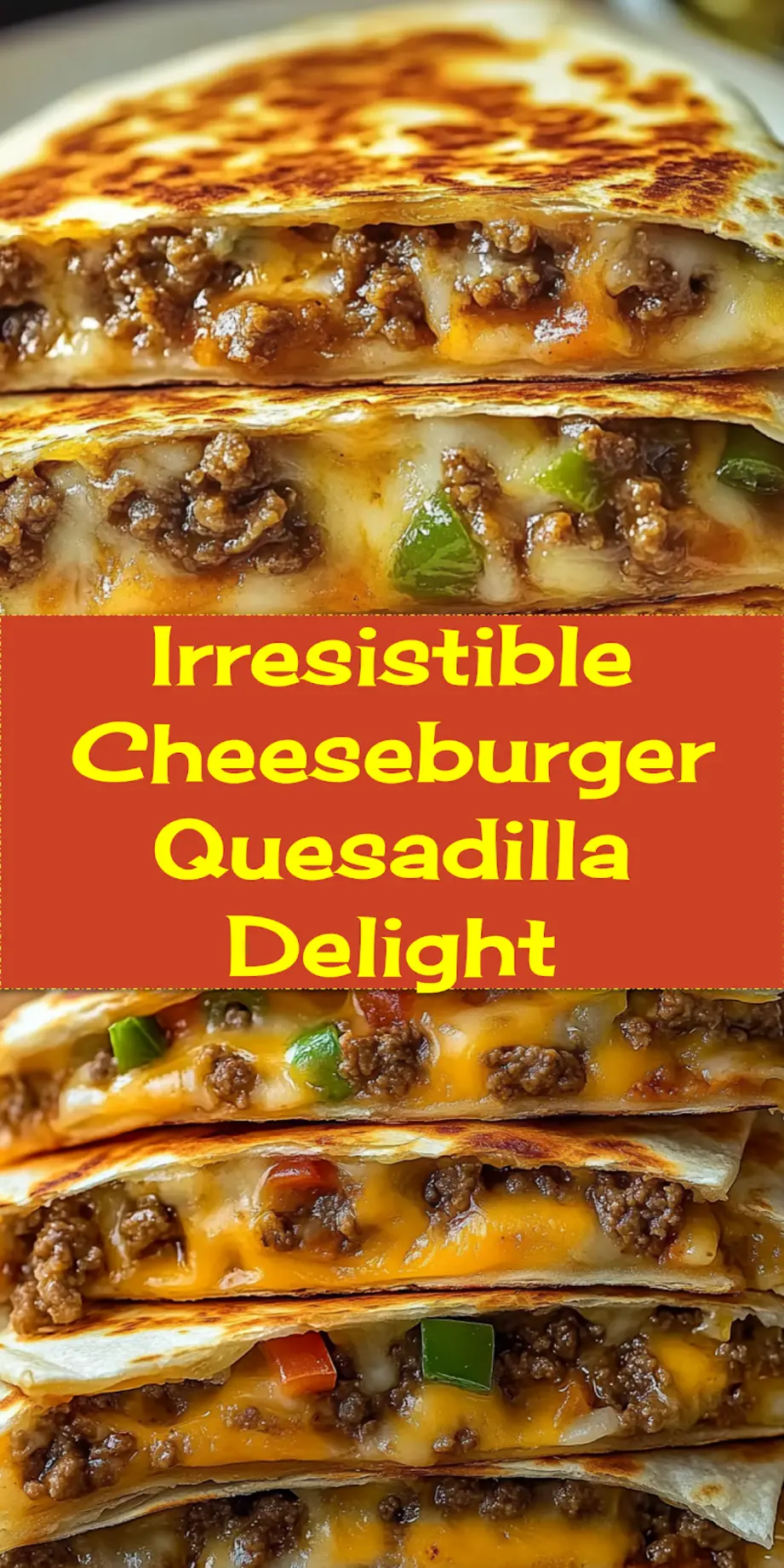 Overhead shot of two Cheeseburger Quesadilla halves, golden brown and filled with melted cheese and seasoned ground beef, ready to serve as a perfect weeknight dinner.