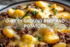 CHEESY GROUND BEEF AND POTATOES centered hero view, clean and uncluttered