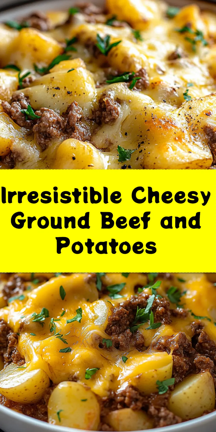 A vibrant close-up of Cheesy Ground Beef and Potatoes, served in a cast iron skillet, with melted cheddar cheese bubbling and fresh parsley garnish. Ideal for a Pinterest pin.