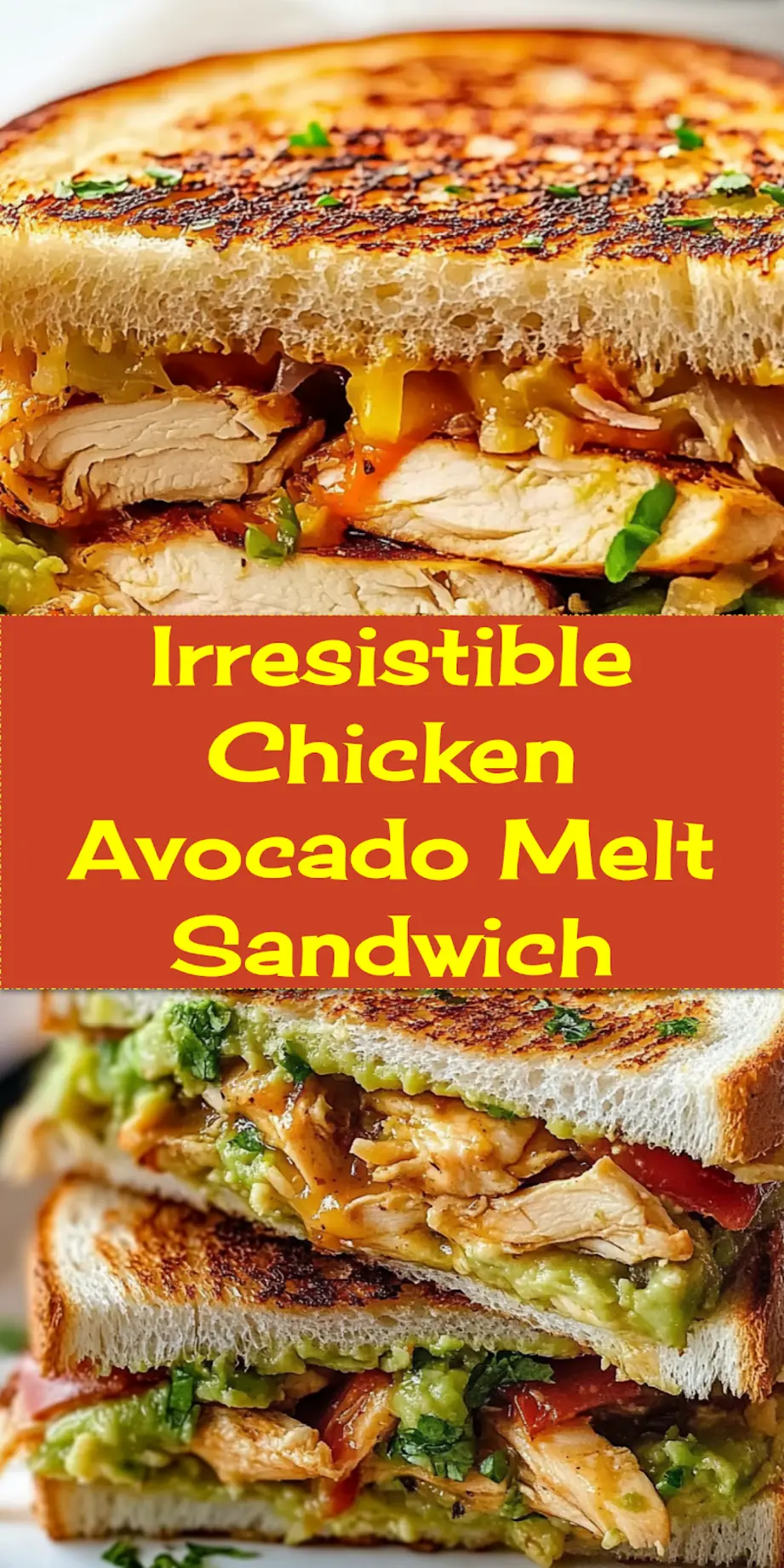 Two halves of a perfectly grilled Chicken Avocado Melt Sandwich, sliced diagonally to reveal layers of golden toasted bread, melted cheese, creamy avocado, juicy chicken, and fresh tomato, presented beautifully on a wooden cutting board, ready to be served.