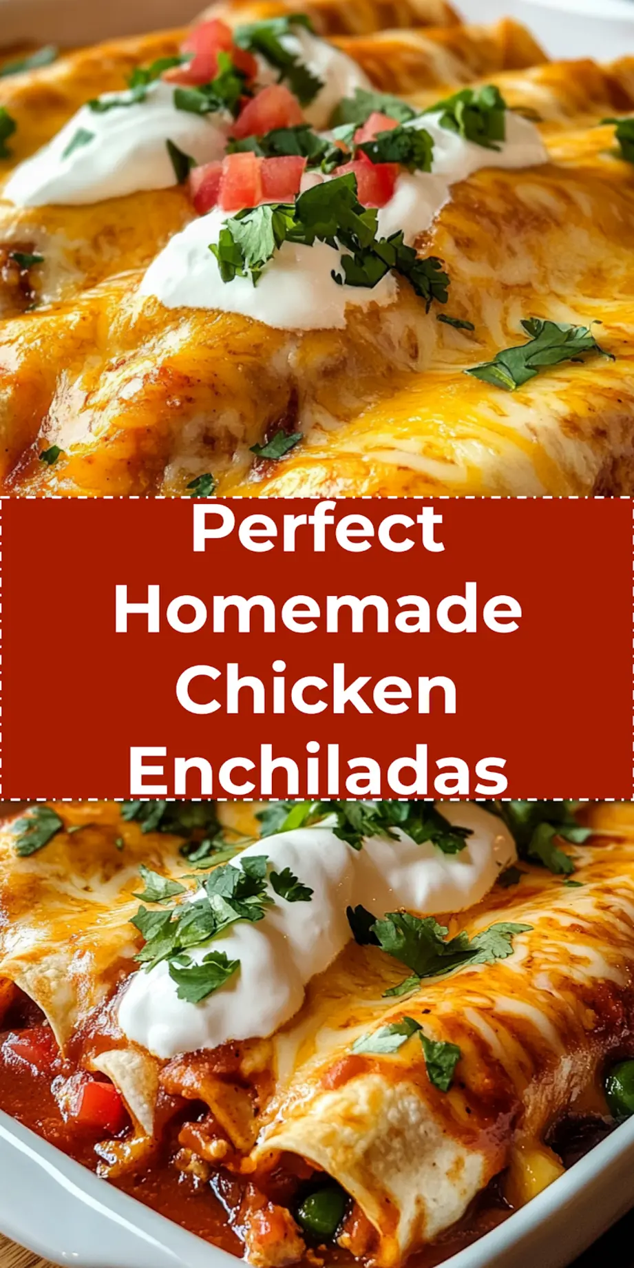 A perfectly golden-brown dish of baked chicken enchiladas, topped with bubbly melted cheese and fresh green cilantro, presented in a vibrant ceramic baking dish. This mouthwatering close-up highlights the rich textures and is ideal for sharing on social media platforms like Pinterest.