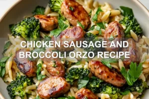 CHICKEN SAUSAGE AND BROCCOLI ORZO RECIPE centered hero view, clean and uncluttered