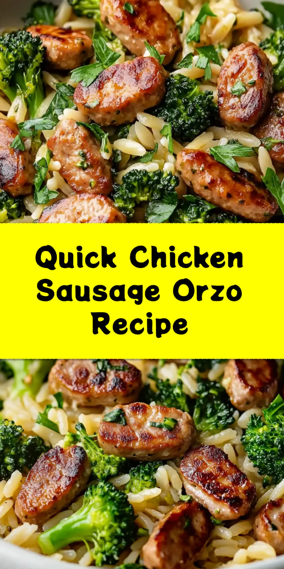 A beautifully plated serving of creamy Chicken Sausage and Broccoli Orzo, garnished with fresh herbs and a sprinkle of Parmesan, ready to be enjoyed. Perfect for sharing on Pinterest and other social media.