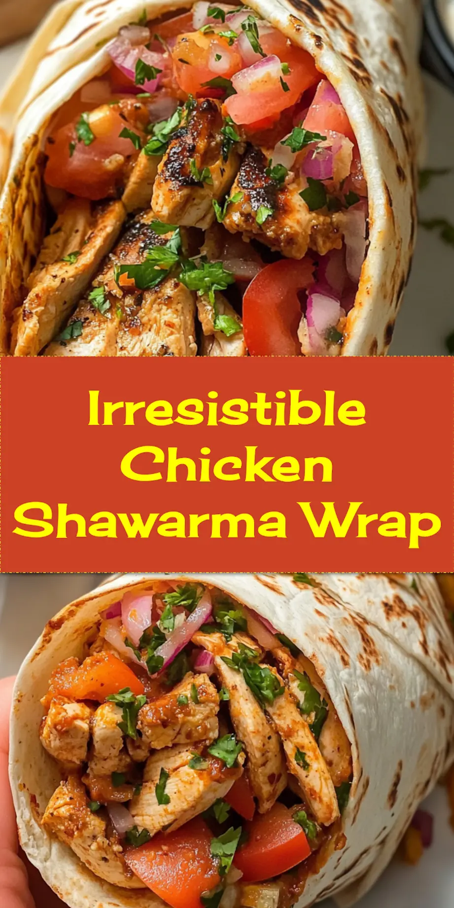 A perfectly assembled Chicken Shawarma Wrap, cut in half to showcase the juicy spiced chicken, fresh lettuce, red onions, tomatoes, pickles, and creamy garlic sauce spilling out, presented on a rustic board, ready to be enjoyed.