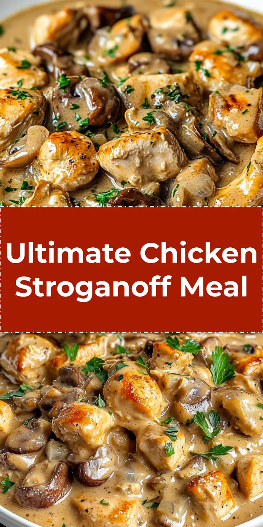 The Best Quick Chicken Stroganoff You'll Love 4 Pin for Cozy Chicken Stroganoff recipe. Dish of creamy chicken and mushrooms over noodles, garnished with parsley, on a rustic table, perfect for Pinterest sharing.
