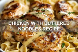 CHICKEN WITH BUTTERED NOODLES RECIPE centered hero view, clean and uncluttered