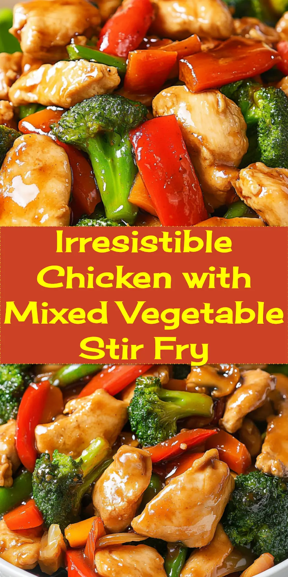 Overhead shot of Chicken with Mixed Vegetable Stir Fry in a rustic serving bowl, garnished with sesame seeds and fresh scallions, ready to be pinned on Pinterest, showcasing the rich colors and textures.