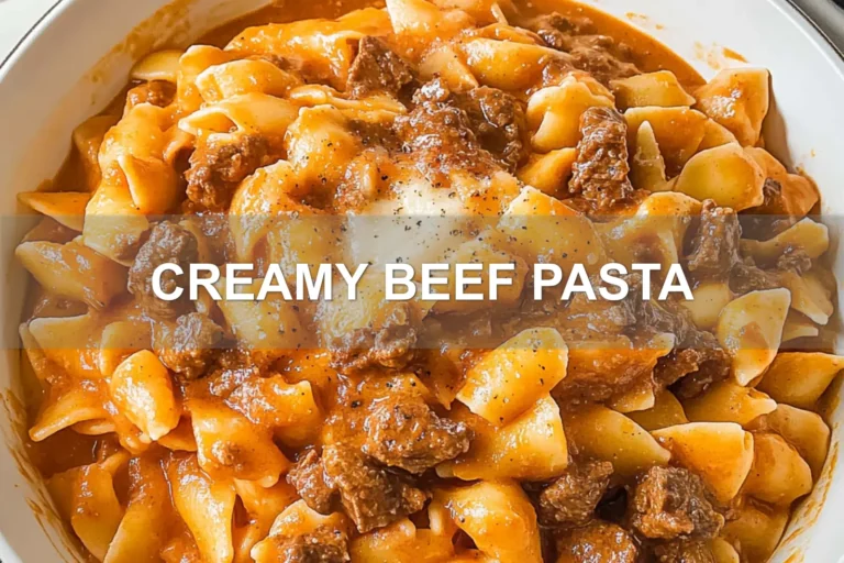 CREAMY BEEF PASTA centered hero view, clean and uncluttered