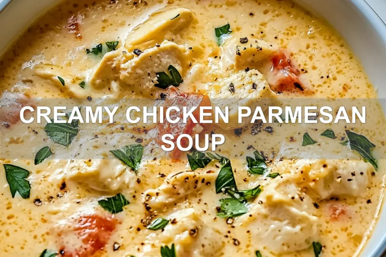 CREAMY CHICKEN PARMESAN SOUP centered hero view, clean and uncluttered