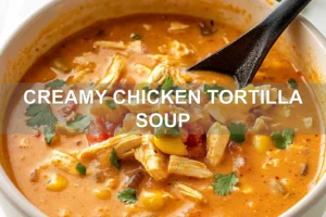 CREAMY CHICKEN TORTILLA SOUP centered hero view, clean and uncluttered