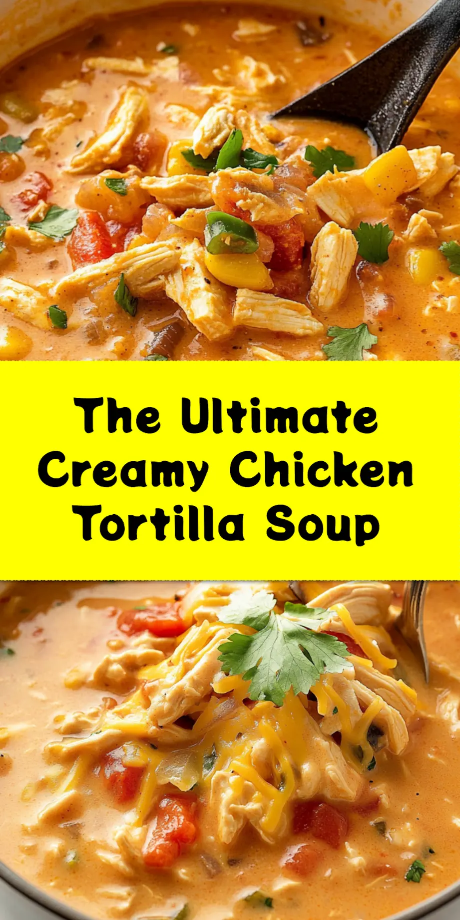 Bowl of creamy chicken tortilla soup garnished with avocado, tortilla strips, cheese, and cilantro ready to serve