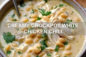 CREAMY CROCKPOT WHITE CHICKEN CHILI centered hero view, clean and uncluttered