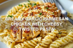 CREAMY GARLIC PARMESAN CHICKEN WITH CHEESY TWISTED PASTA centered hero view, clean and uncluttered