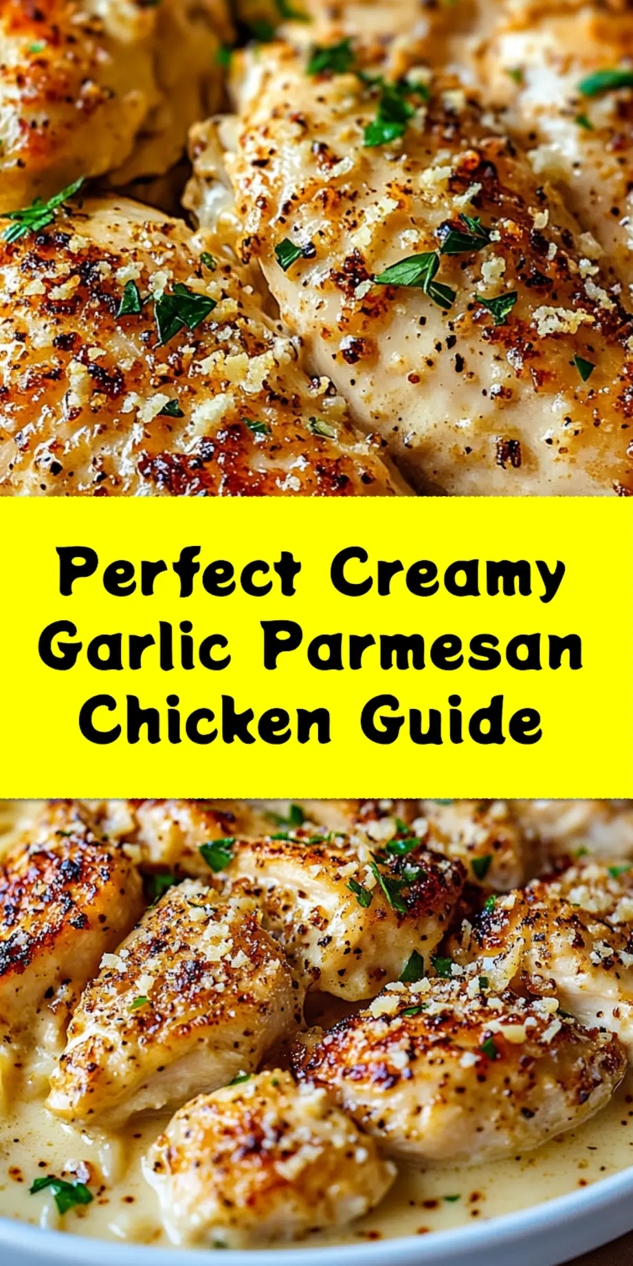 Creamy Garlic Parmesan Chicken Recipe for Easy Dinner Joy 3 A mouth-watering close-up of creamy garlic parmesan chicken and rotini pasta, garnished with fresh herbs, suitable for Pinterest sharing.
