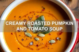 CREAMY ROASTED PUMPKIN AND TOMATO SOUP centered hero view, clean and uncluttered