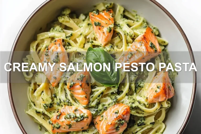 CREAMY SALMON PESTO PASTA centered hero view, clean and uncluttered