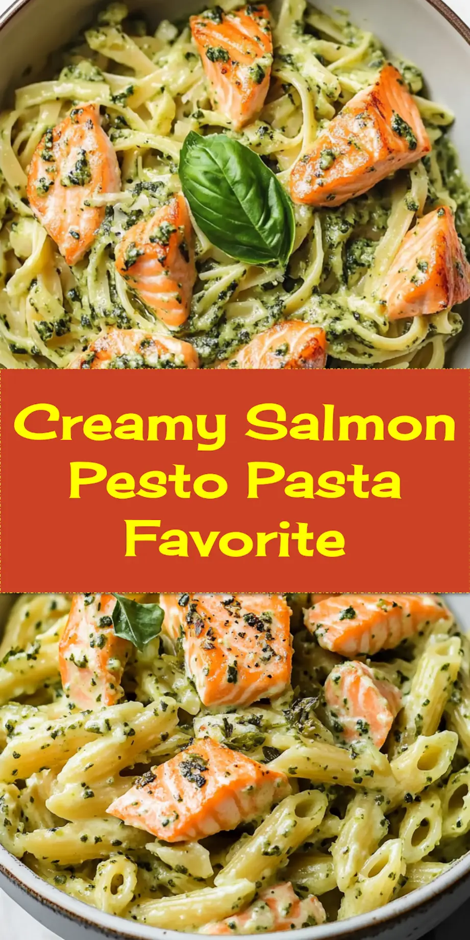 Creamy Salmon Pesto Pasta Recipe: Irresistibly Quick Dinner 3 Close-up of creamy salmon pesto pasta in a rustic pan, garnished with fresh basil leaves, perfect for a Pinterest recipe board.