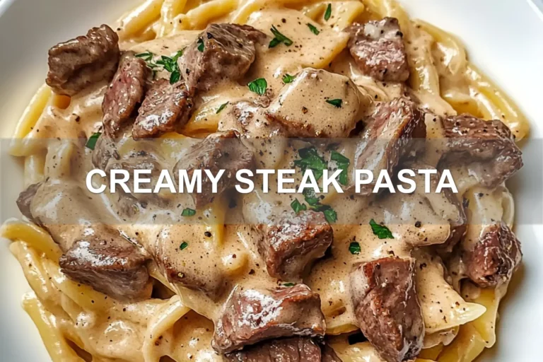 CREAMY STEAK PASTA centered hero view, clean and uncluttered
