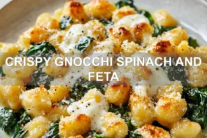 CRISPY GNOCCHI SPINACH AND FETA centered hero view, clean and uncluttered