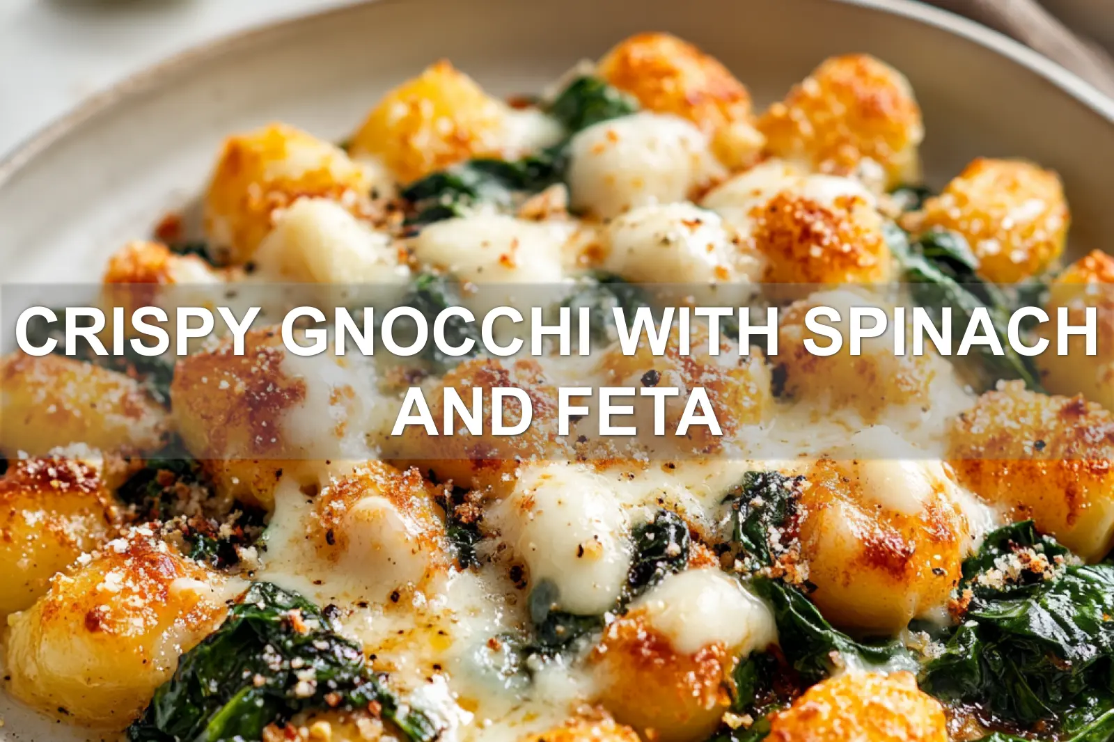CRISPY GNOCCHI WITH SPINACH AND FETA centered hero view, clean and uncluttered