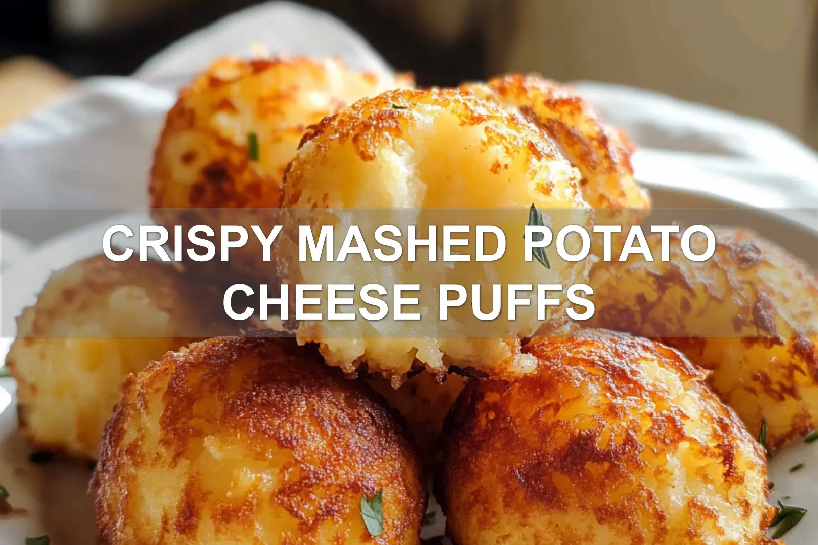 CRISPY MASHED POTATO CHEESE PUFFS centered hero view, clean and uncluttered