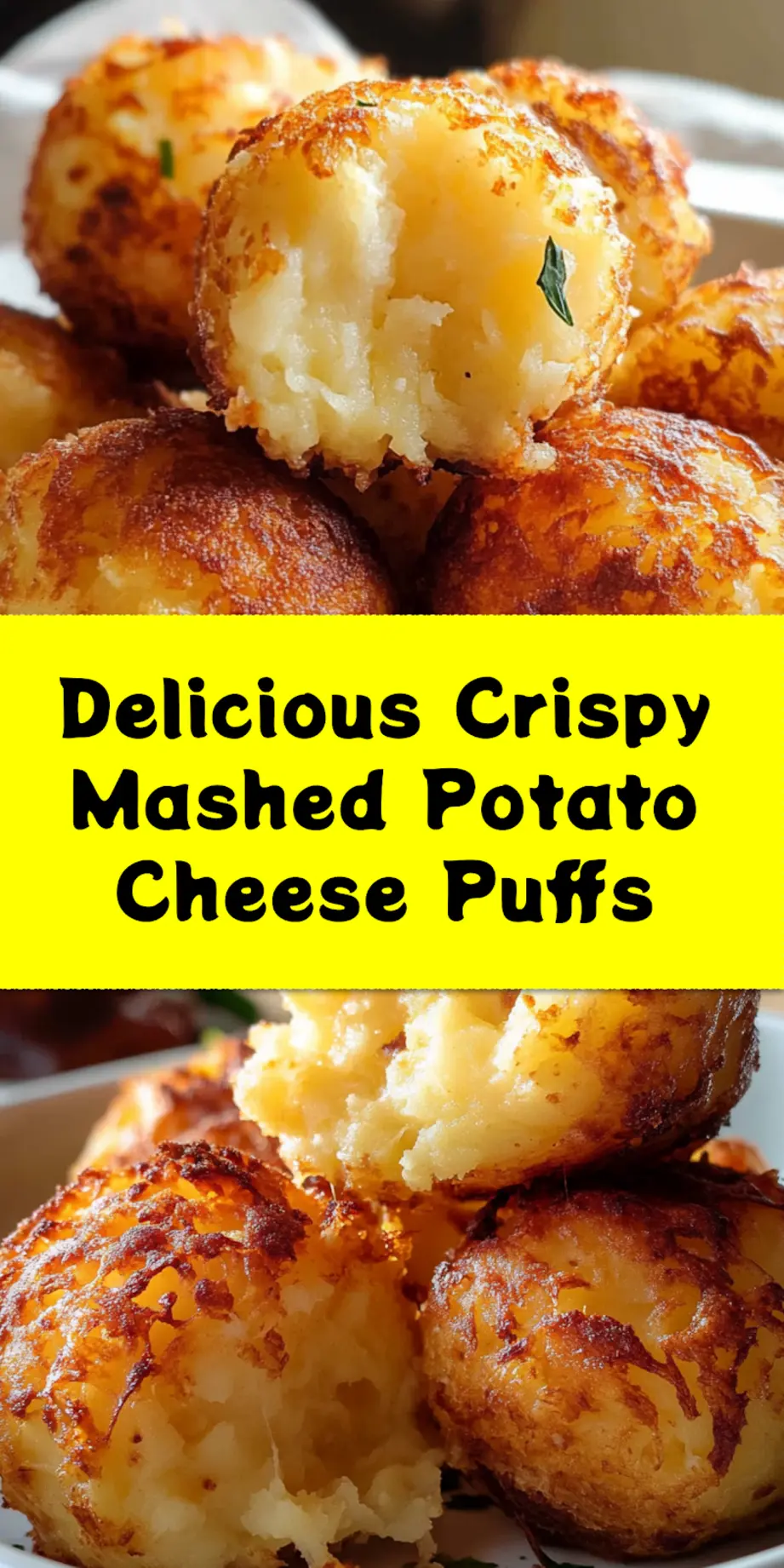 A close-up of a stack of golden-brown Crispy Mashed Potato Cheese Puffs, garnished with fresh chives, set on a dark background, ready to be served.