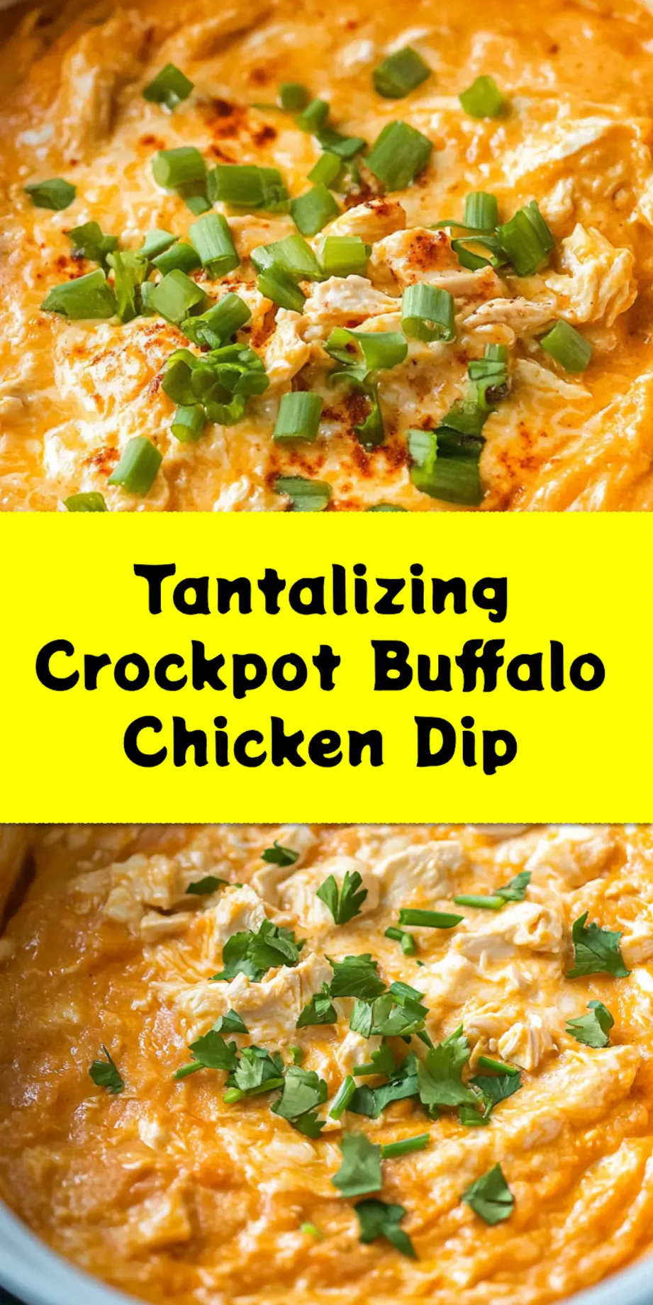 Final serving of Crockpot Buffalo Chicken Dip in bowl with toppings, ready for party guests