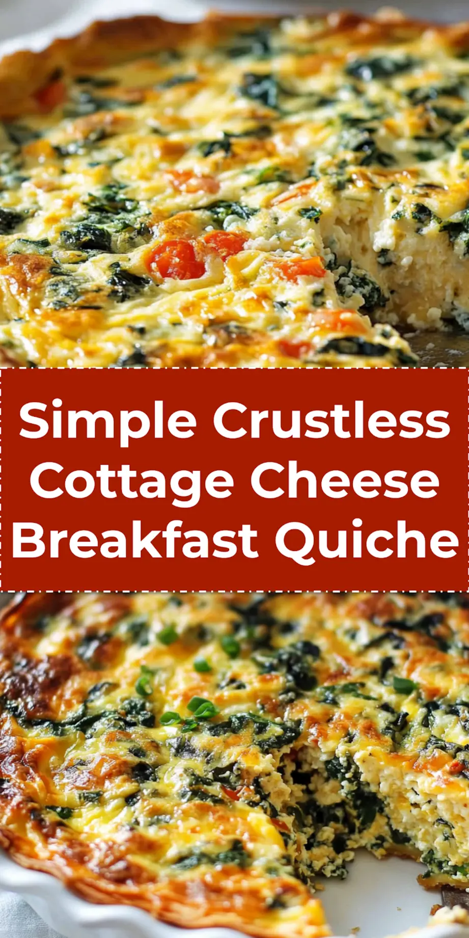 Crustless Cottage Cheese Breakfast Quiche: Delicious Start 3 Crustless Cottage Cheese Breakfast Quiche baked and sliced, served on a plate for Pinterest-friendly presentation