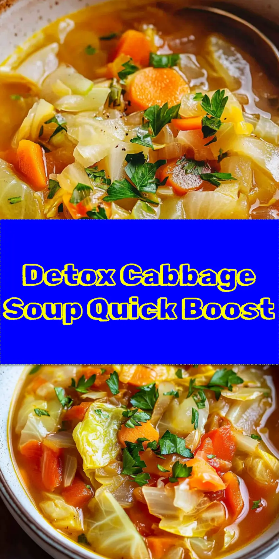 Detox Cabbage Soup served in a white bowl with lemon and parsley garnish